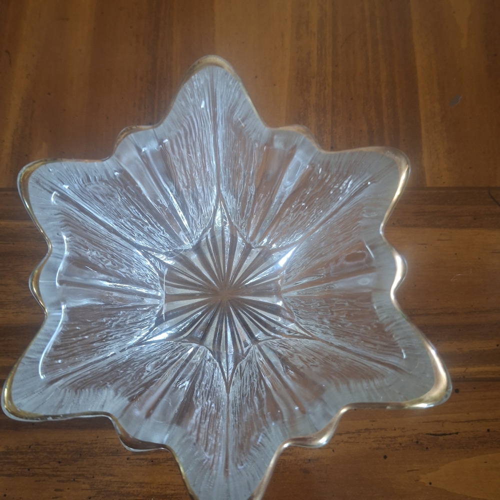 Vintage Textured Ice Glass Deco Art Star-Shaped Glass Bowl with Gold Trim